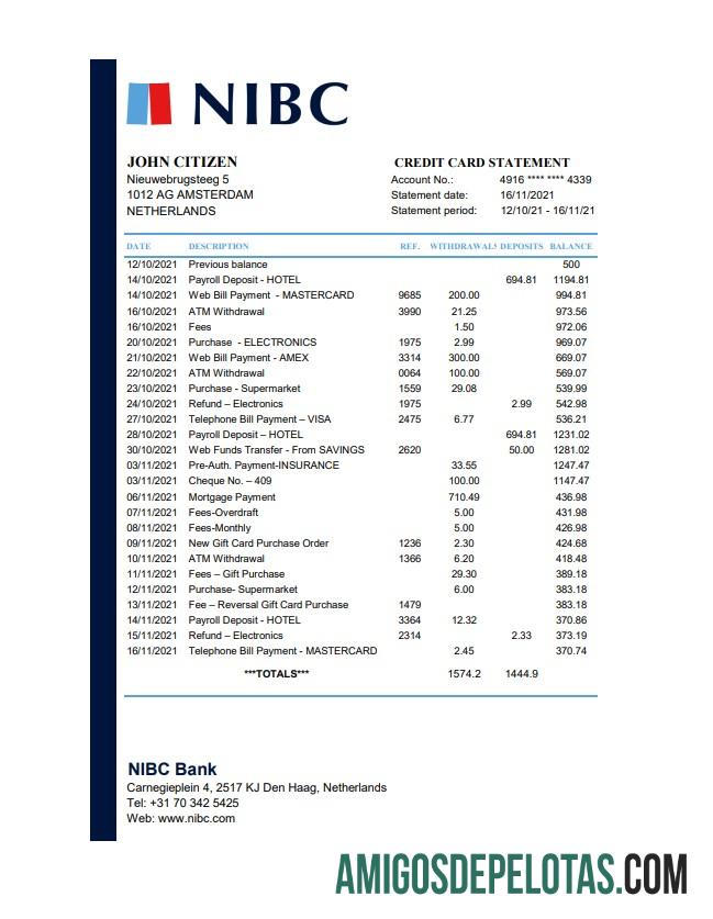 Exemplo de PDF do Excel do Banco NIBC da Holanda